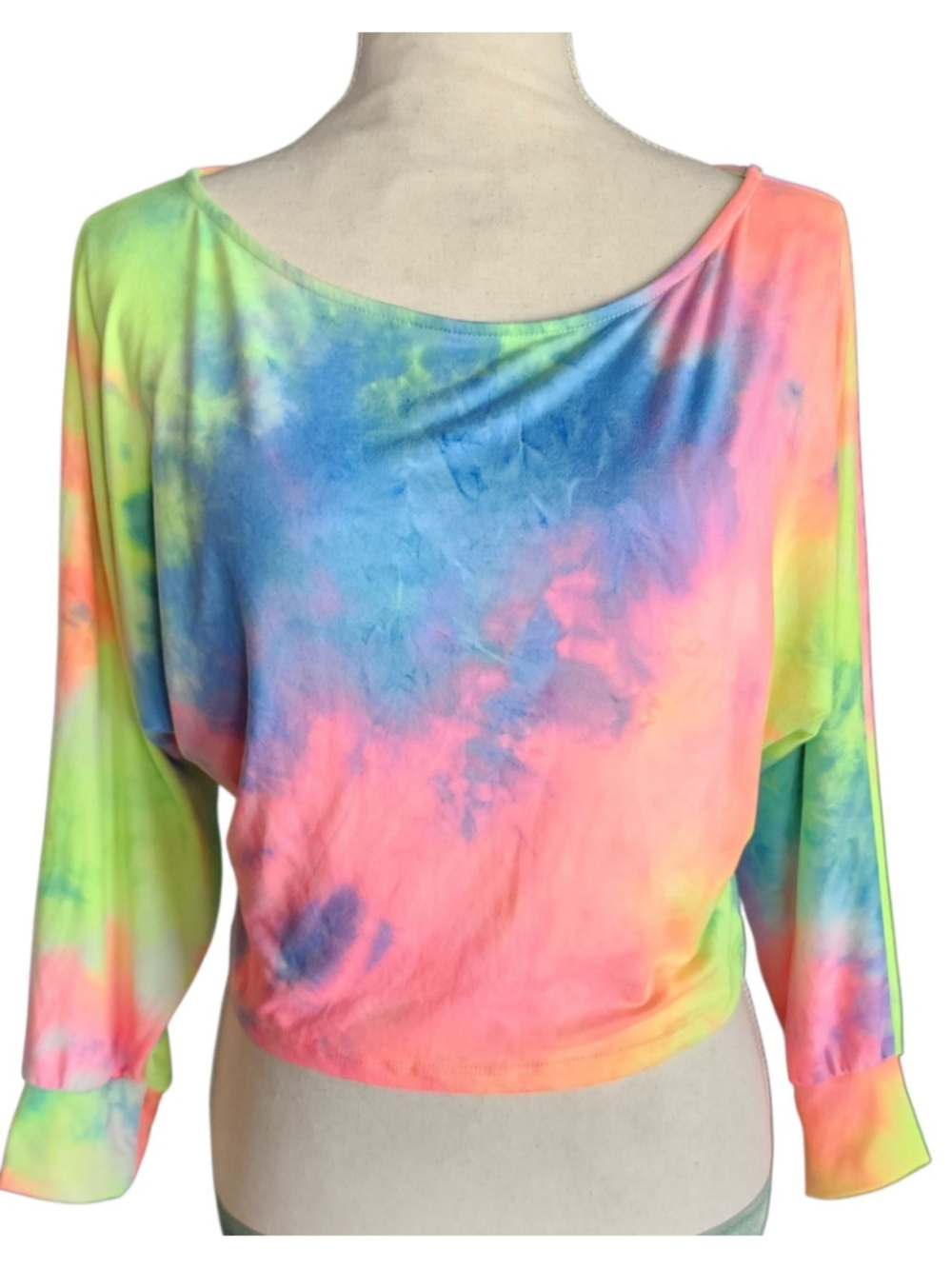 Absolutely It!! Neon Rainbow Tie Dye Crop Top Long Sleeve S NWT Festival Boho